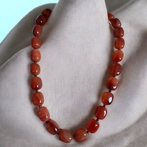 Vintage Lucas Lameth CN 925 Red Orange Agate Stone Bead Necklace 17” +3” Ext 20”